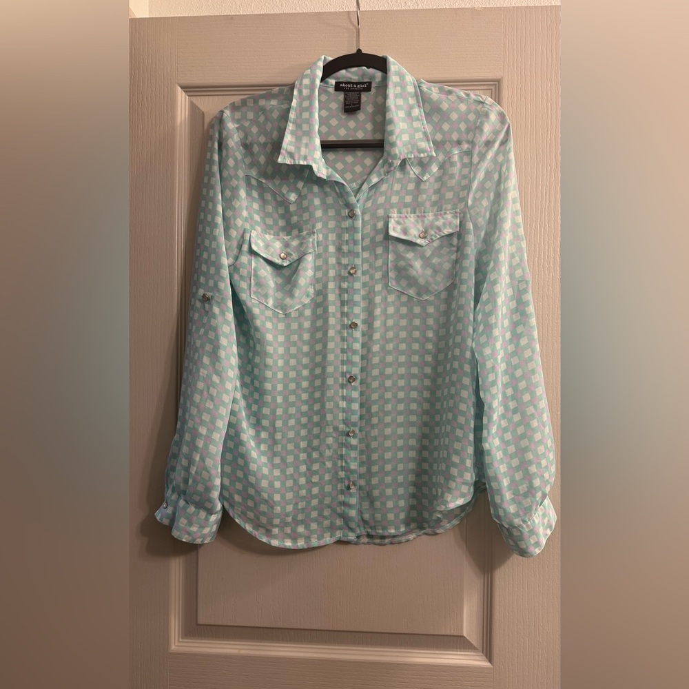About A Girl Light Blue Checkered Blouse